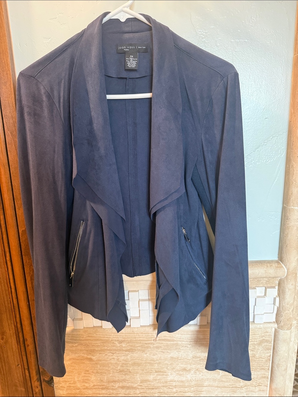 Joan Vass Navy Draped Open-Front Jacket with Zip Pockets
